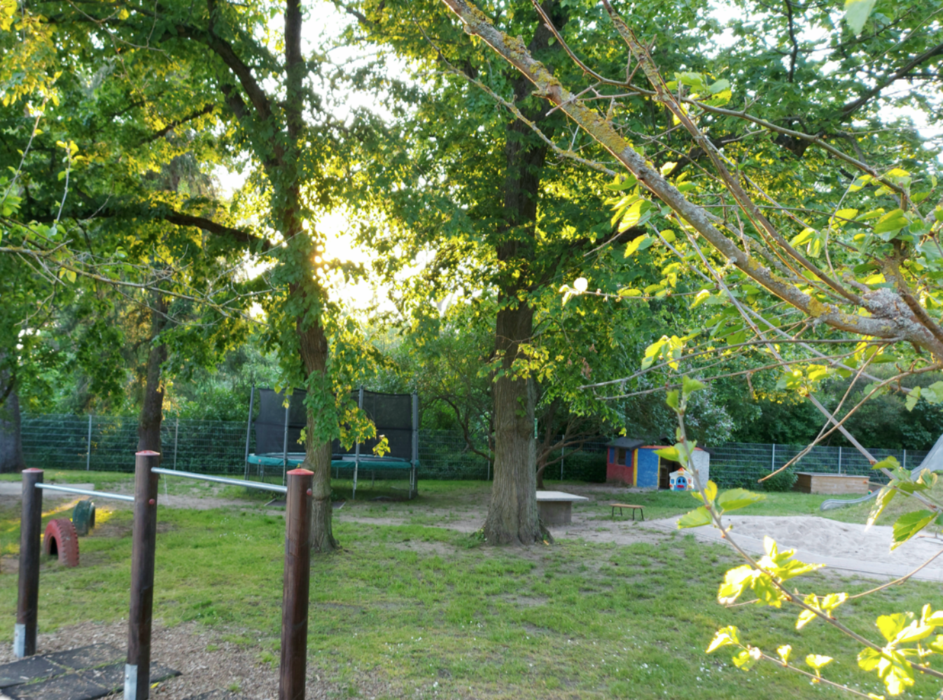Grünes Außengelände mit Bäumen und Spielbereich