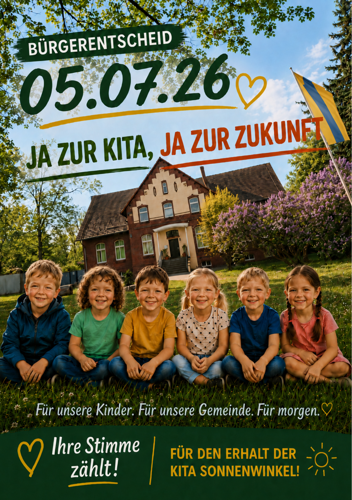 Bürgerentscheid-Plakat für den Erhalt der Kita Sonnenwinkel