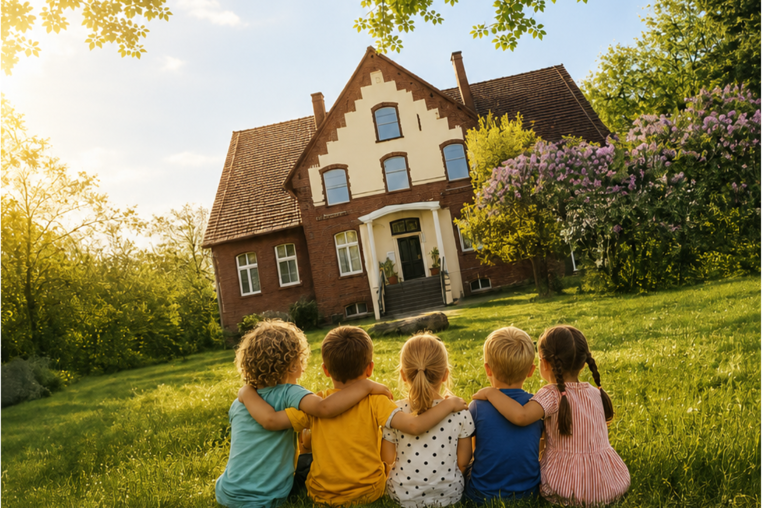 Kinder schauen gemeinsam in Richtung Kita Sonnenwinkel